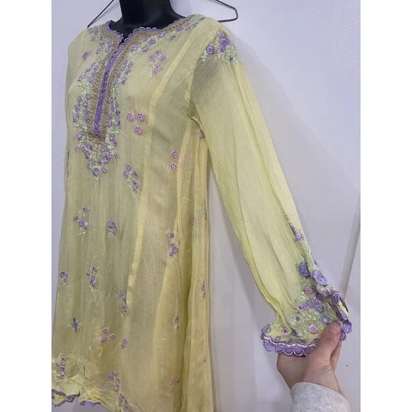 Agha Noor Afghanoor Yellow & Purple Embroidered Dress Size Medium Floral Lined - Picture 7 of 10